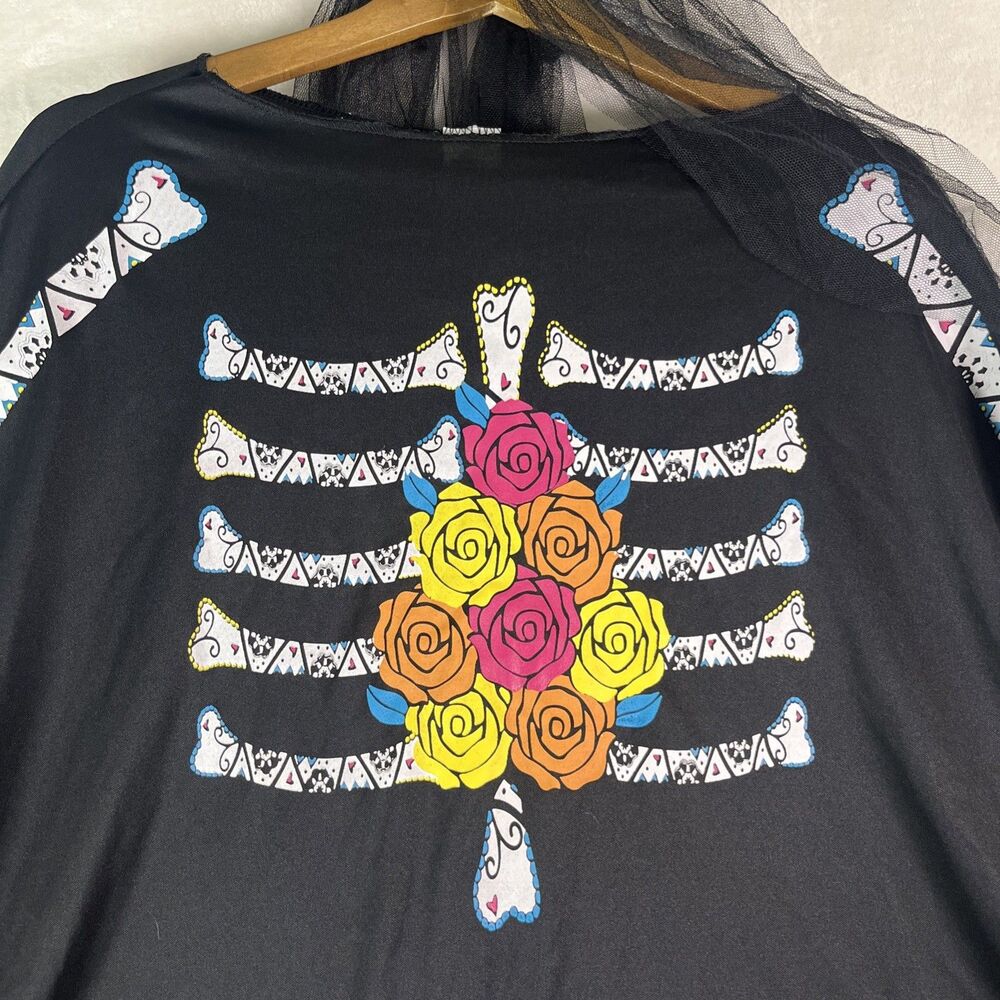 Adult Day of the Dead Poncho Costume Set Flower Headband Veil Sugar Skull O/S